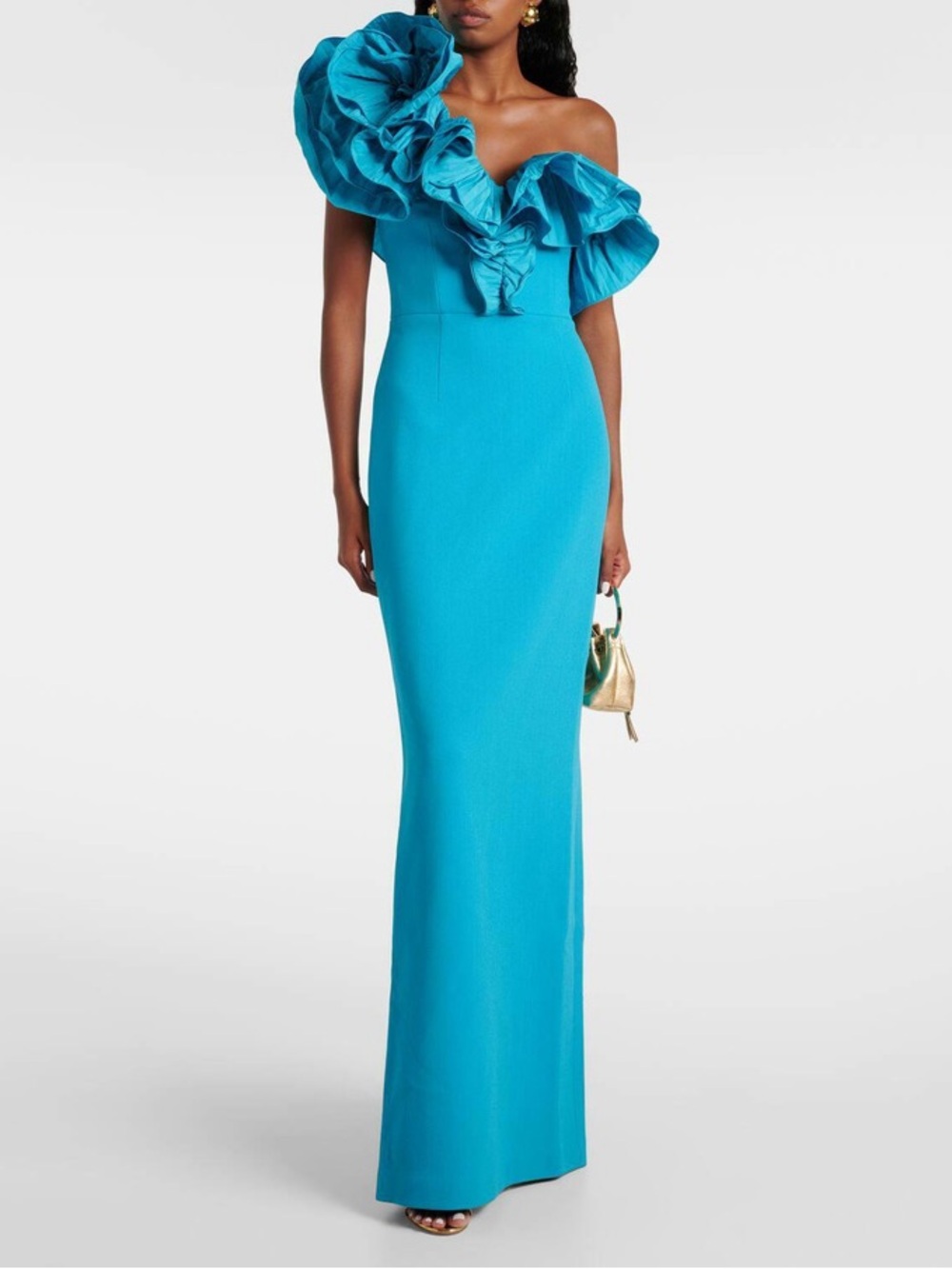 Rebecca Vallance Turquoise One-Shoulder Ruffle Gown